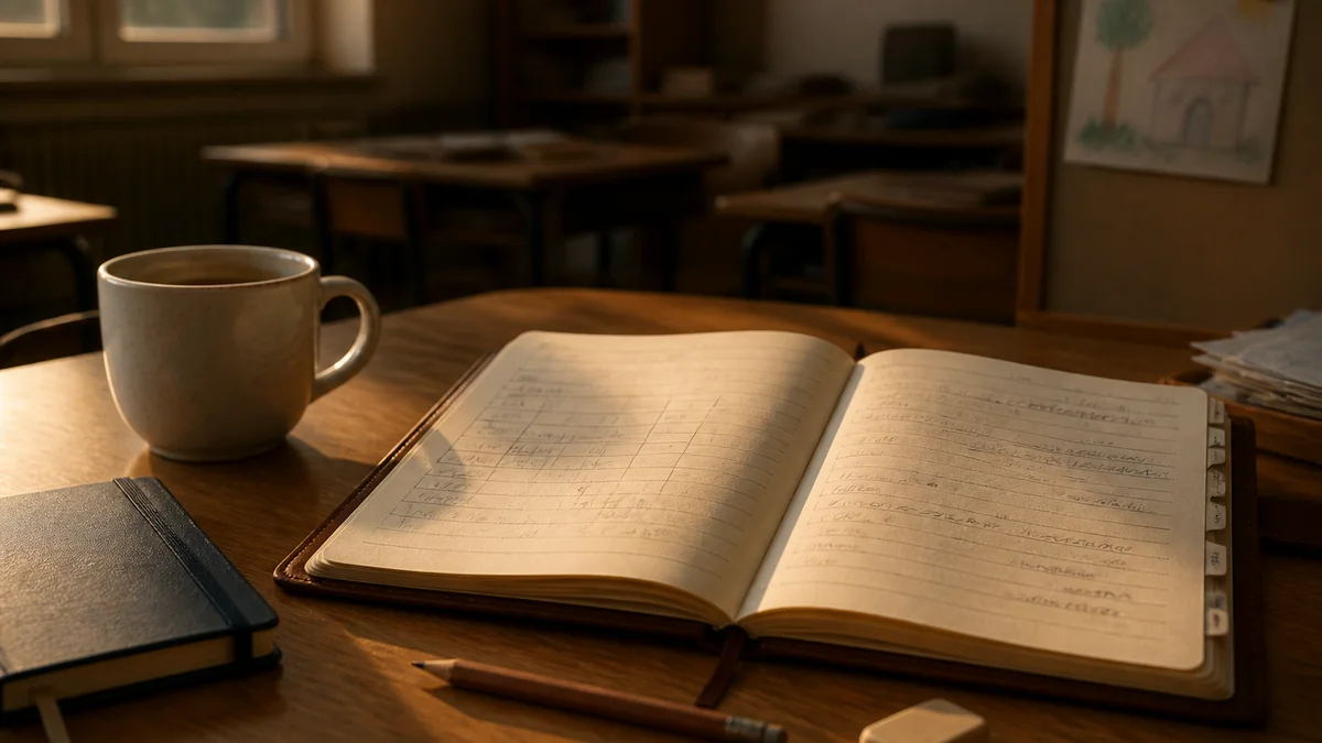 Cahier journal du vendredi soir avec bilan de première semaine - notes au crayon, agenda hebdo annoté, mug refroidissant et carnet de chevet refermé