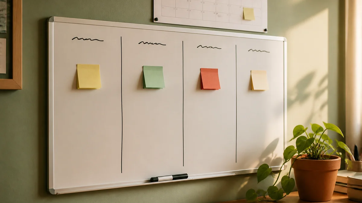 Tableau mural avec rétroplanning de rentrée - quatre colonnes au feutre noir, post-it colorés empilés par semaine, calendrier mensuel épinglé