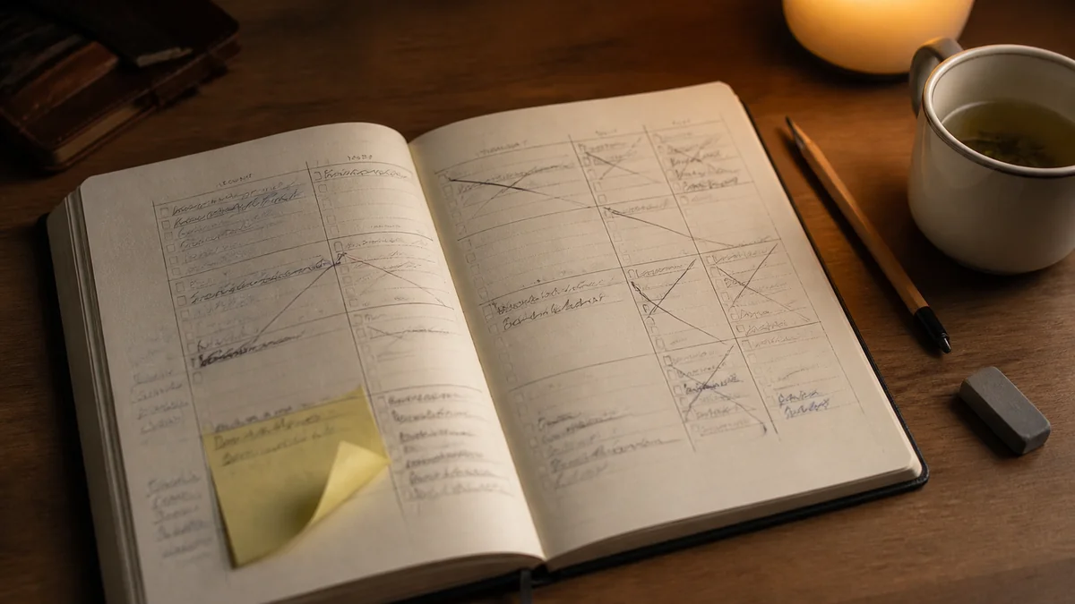 Agenda papier 2026 ouvert sur deux pages d'août avec annotations crayon - cases barrées au feutre, post-it qui dépasse, mug de thé et lampe basse