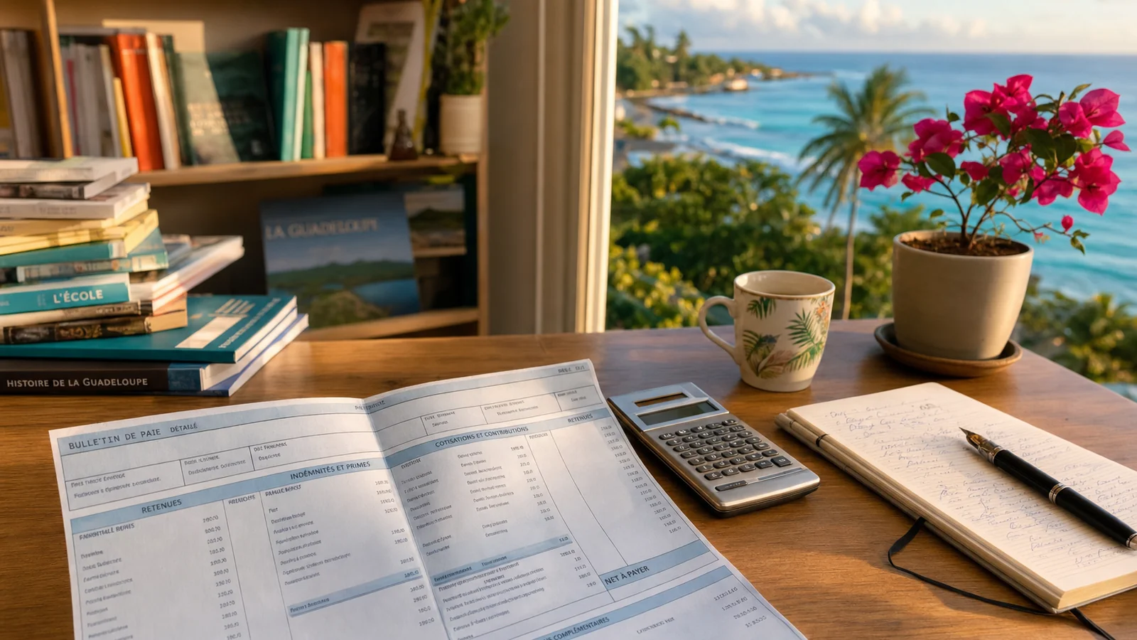 Bureau d'enseignant en Guadeloupe au soleil tropical avec fiche de paie, calculatrice et carnet