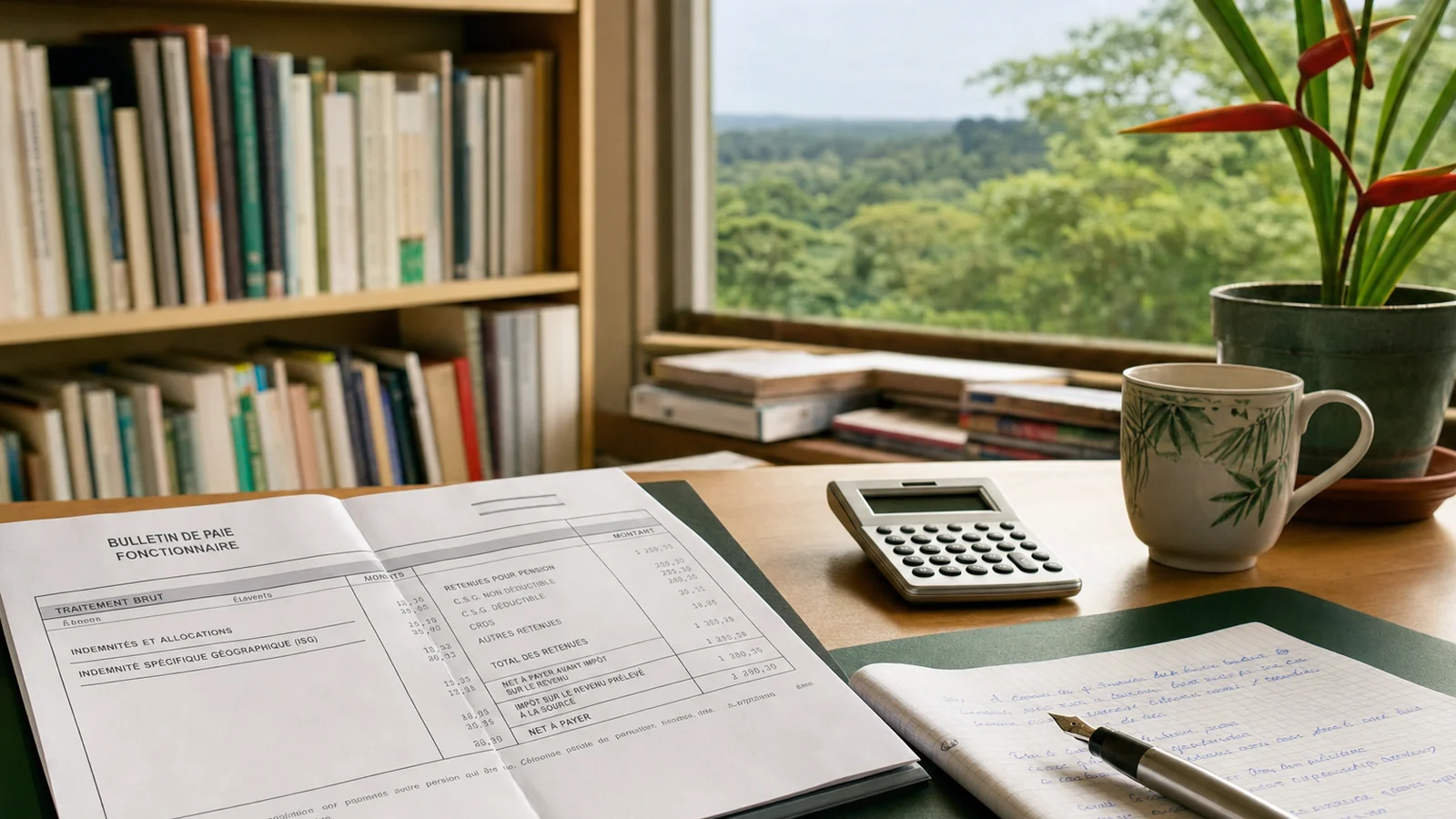 Bureau d'enseignant en Guyane à Cayenne avec fiche de paie, calculatrice et vue sur la forêt amazonienne
