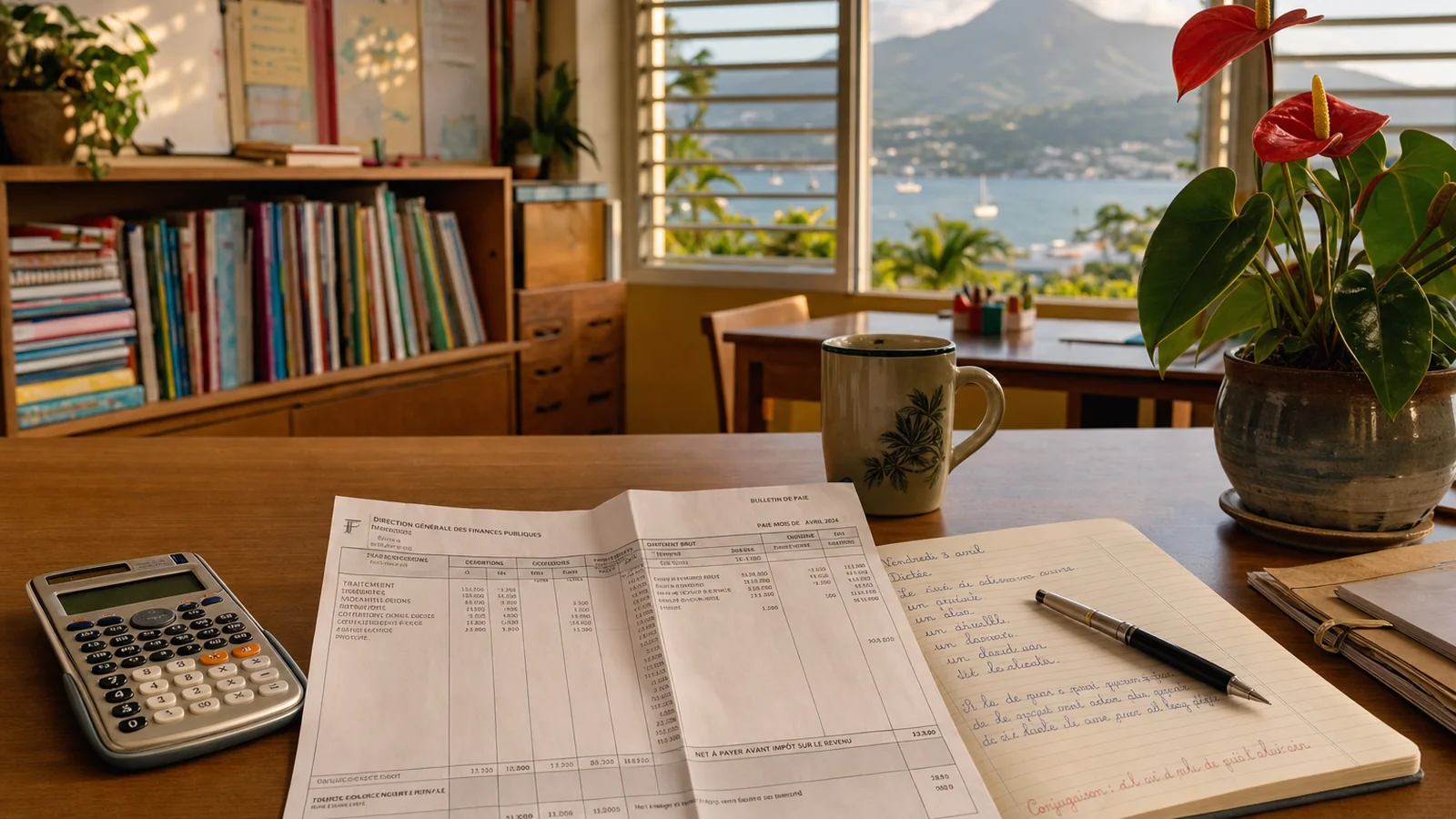 Bureau d'enseignant en Martinique avec fiche de paie, calculatrice et vue sur la baie de Fort-de-France