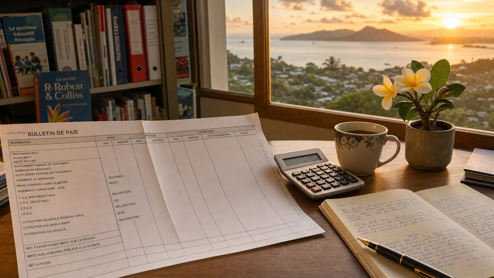 Bureau d'enseignant à Mamoudzou Mayotte avec fiche de paie et calculatrice