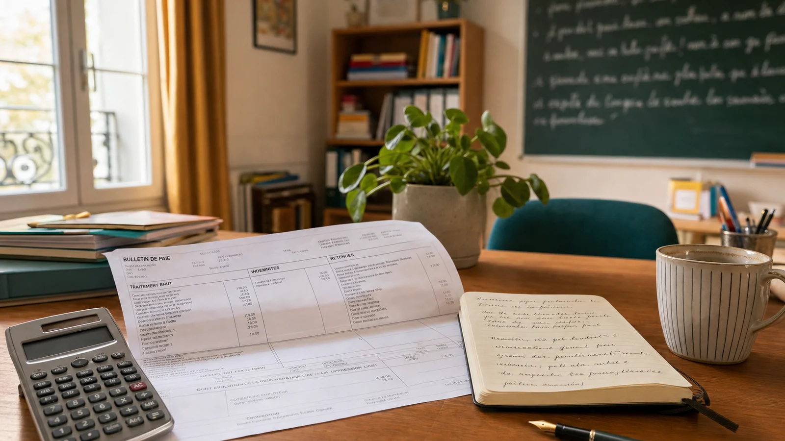 Bureau d'enseignant français avec fiche de paie, calculatrice et carnet de notes au soleil de fin d'après-midi