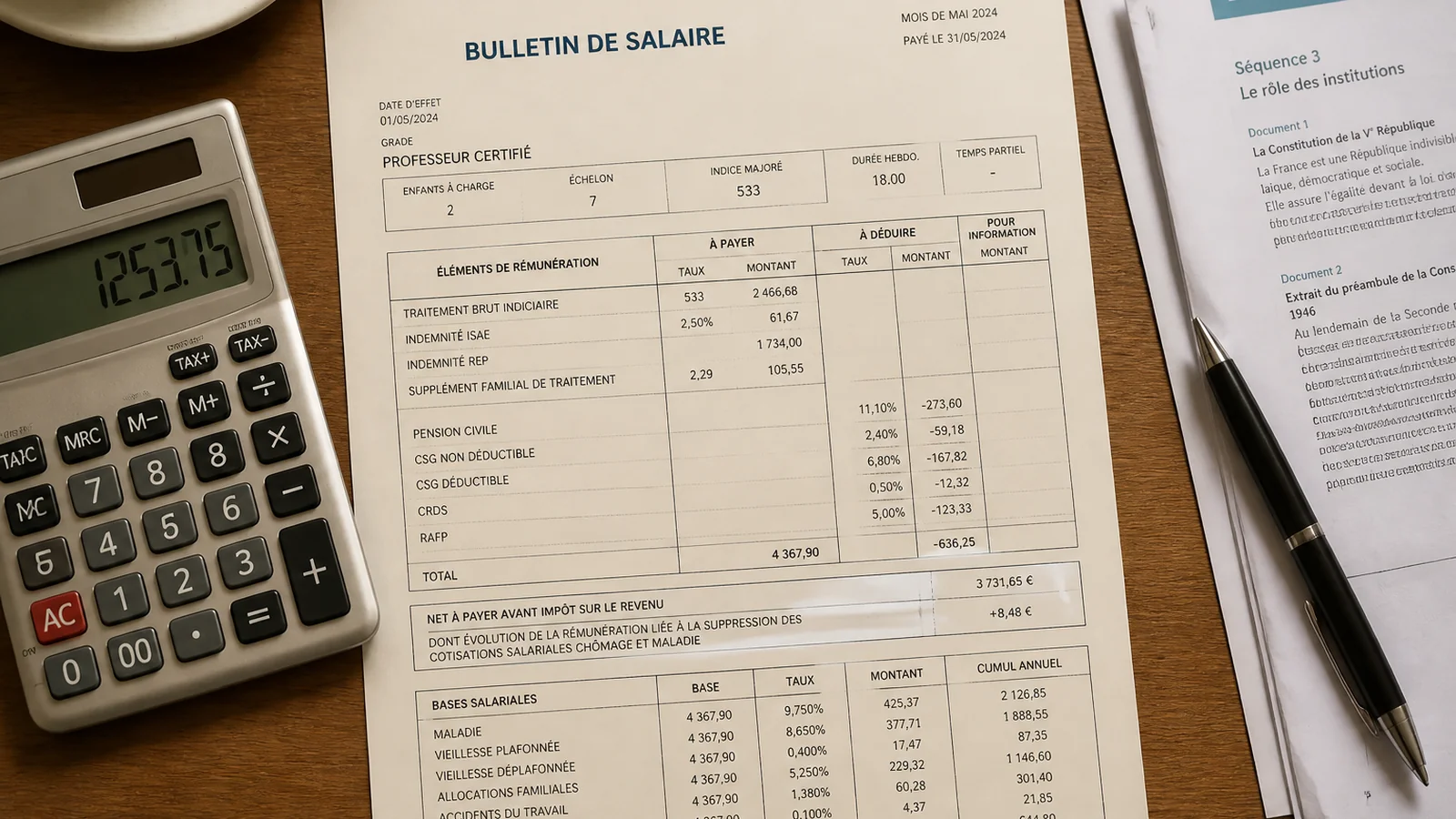 Fiche de paie d'un enseignant français avec colonnes traitement brut indiciaire, ISAE, REP, SFT et cotisations sociales