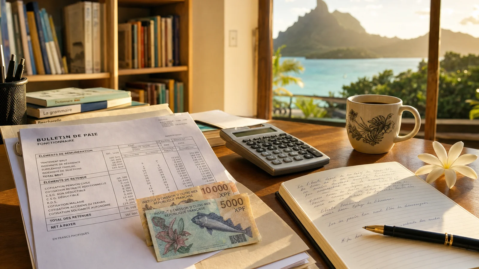 Bureau d'enseignant à Papeete avec fiche de paie et vue sur le lagon de Tahiti
