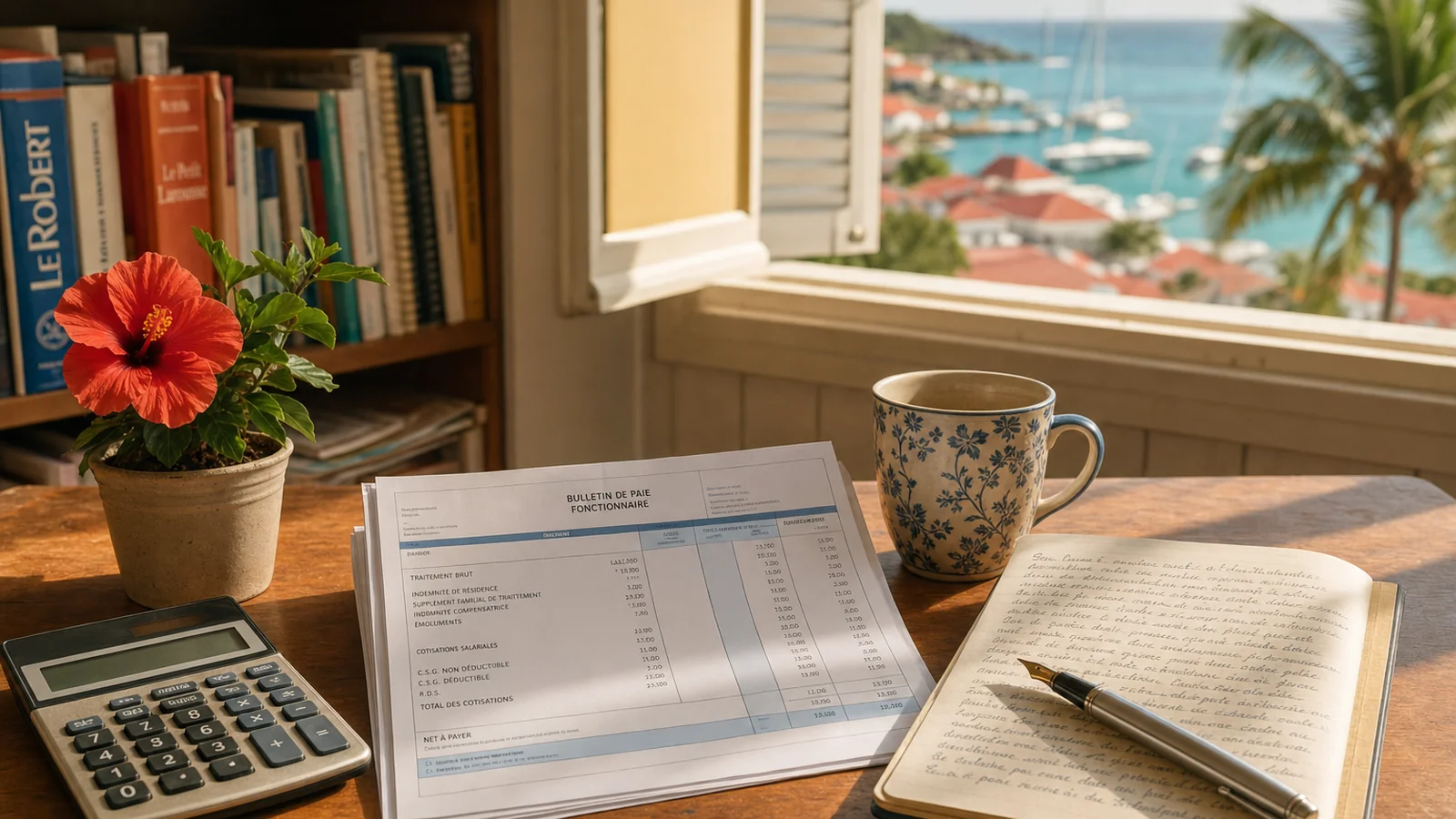 Bureau d'enseignant à Gustavia Saint-Barthélemy avec fiche de paie et vue sur la baie