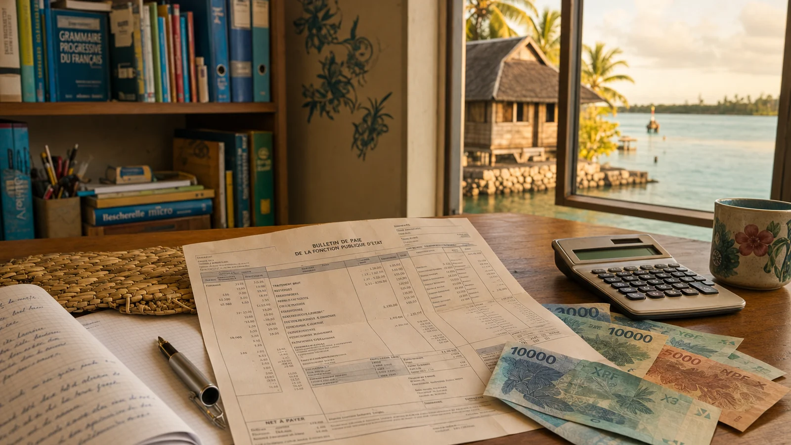 Bureau d'enseignant à Mata-Utu Wallis avec fiche de paie et vue sur le lagon