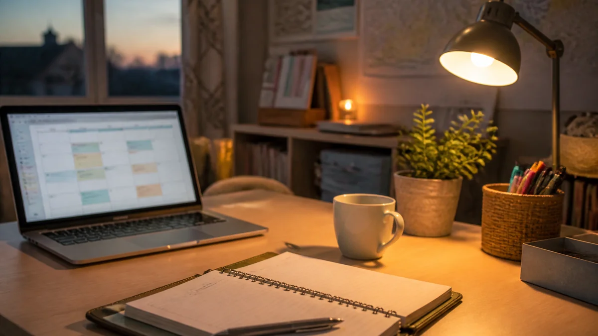 Bureau d'enseignant le soir avec un ordinateur portable et un agenda pour faire le point sur ses 108 heures