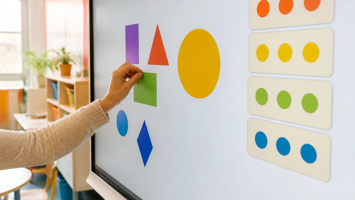 Tableau blanc interactif affichant des formes colorées à manipuler pendant une leçon en classe